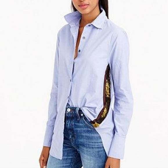 J.Crew Sequin Trim Blue Cotton Button-Down Tunic Shirt Size 2 Tall T2 - Picture 1 of 16